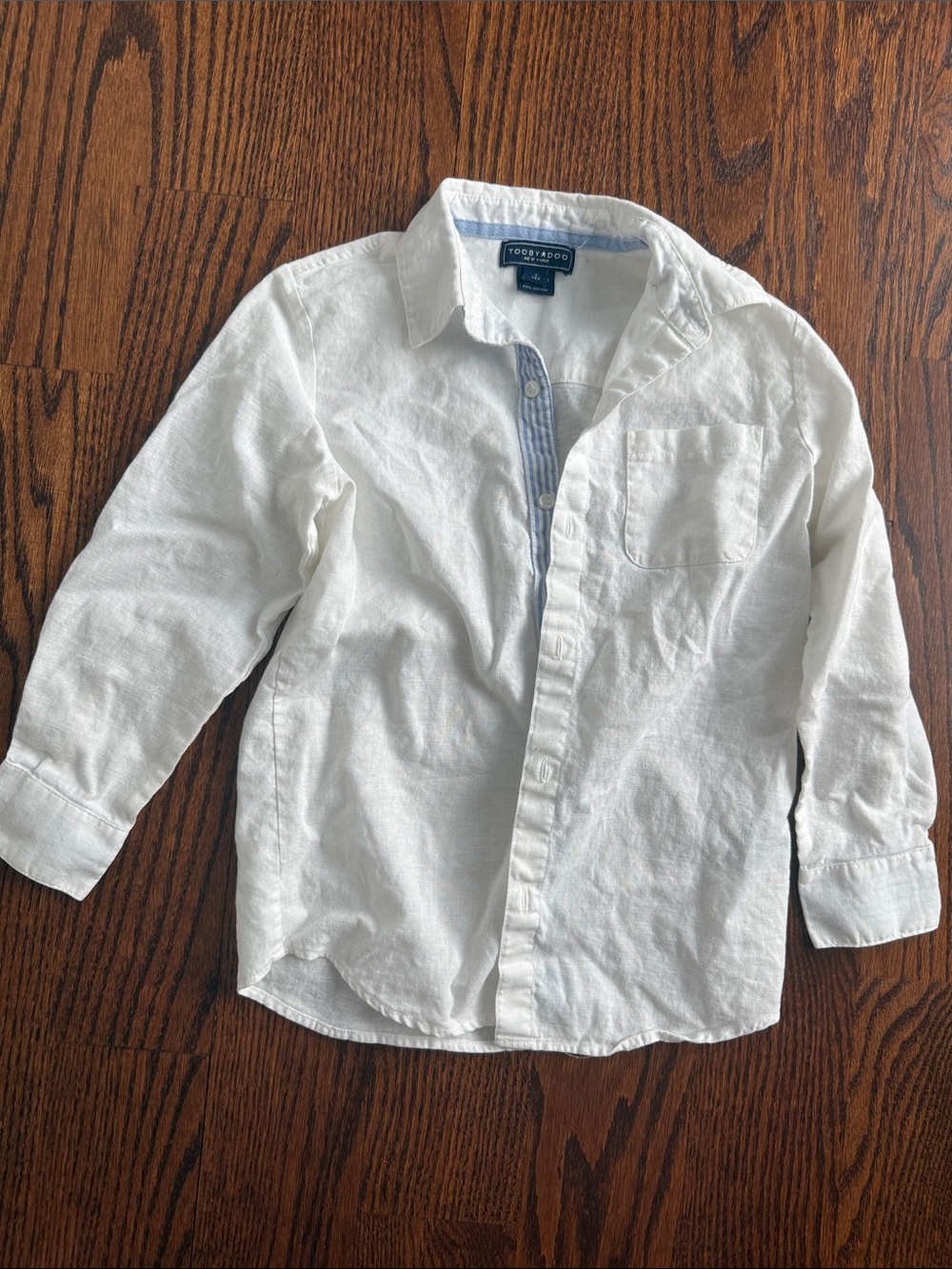 Toobydoo White Linen Button-Down Shirt with Light Blue Inner Trim